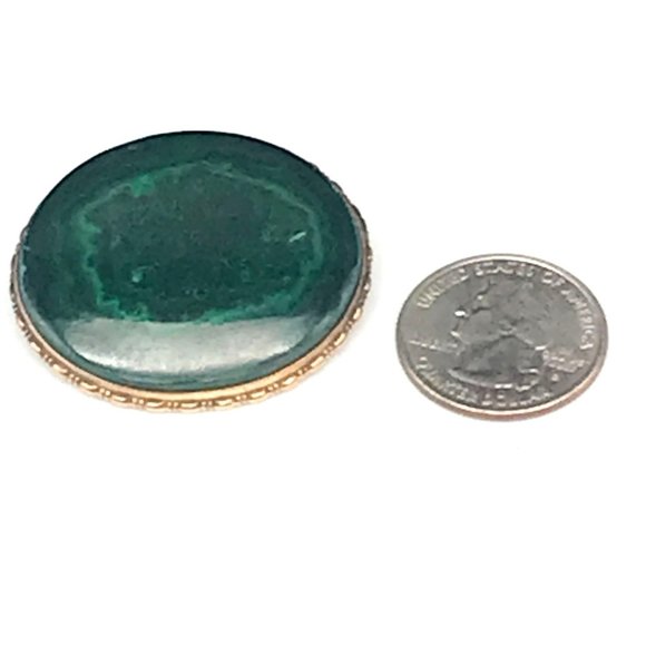 Vintage Malachite Stone Brooch set in 10K Yellow Gold Ornate Frame, Boho Chic - Picture 4 of 7